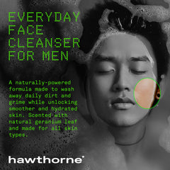 Hawthorne face wash with aloe and ceramides ingredients display for soothing care