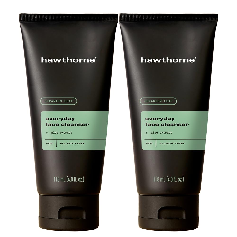 Hawthorne men's everyday face wash bottle closeup showing clean skin and hydration