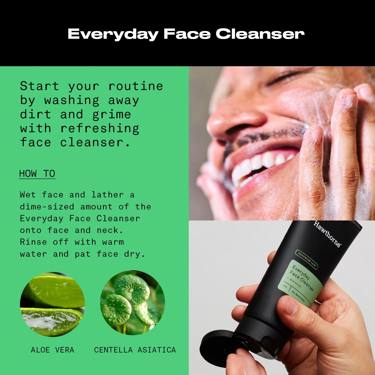 Hawthorne men's face wash bottle front with light geranium scent for daily refreshment