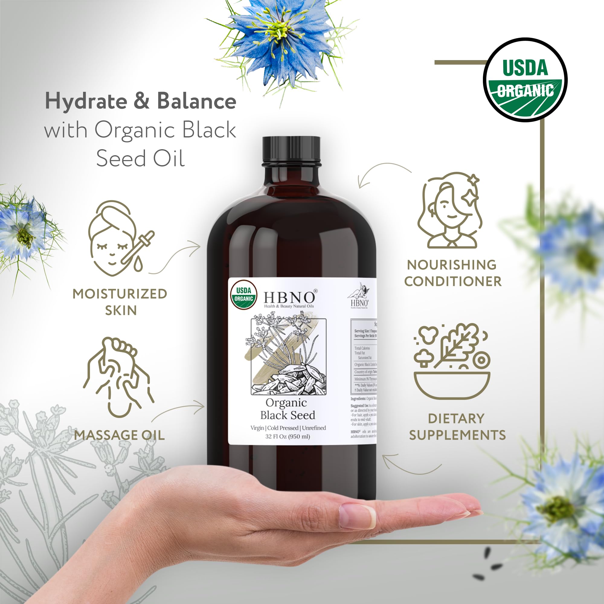HBNO Black Seed Oil label close-up showing organic certification.