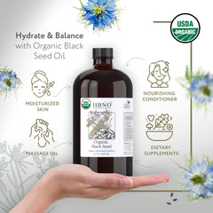 HBNO Black Seed Oil label close-up showing organic certification.