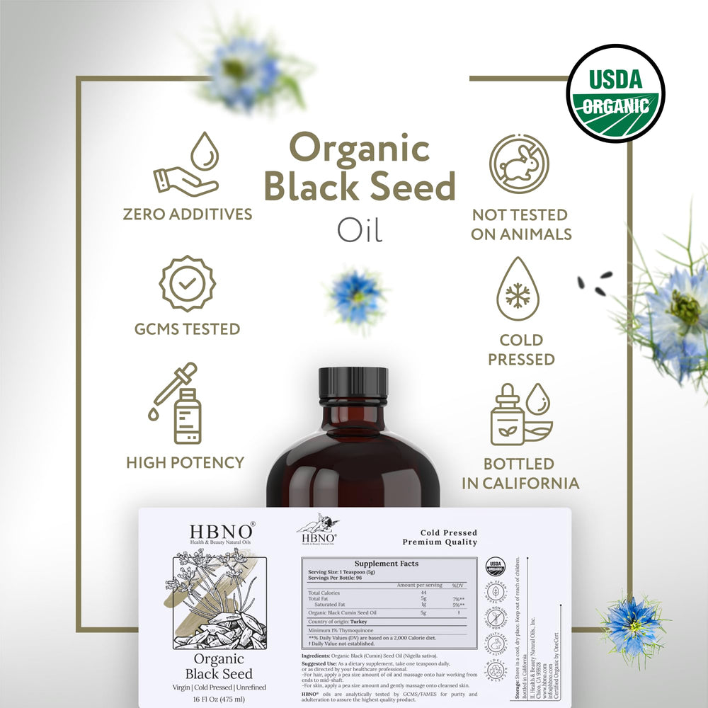 HBNO Organic Black Seed Oil label highlighting USDA Organic certification.