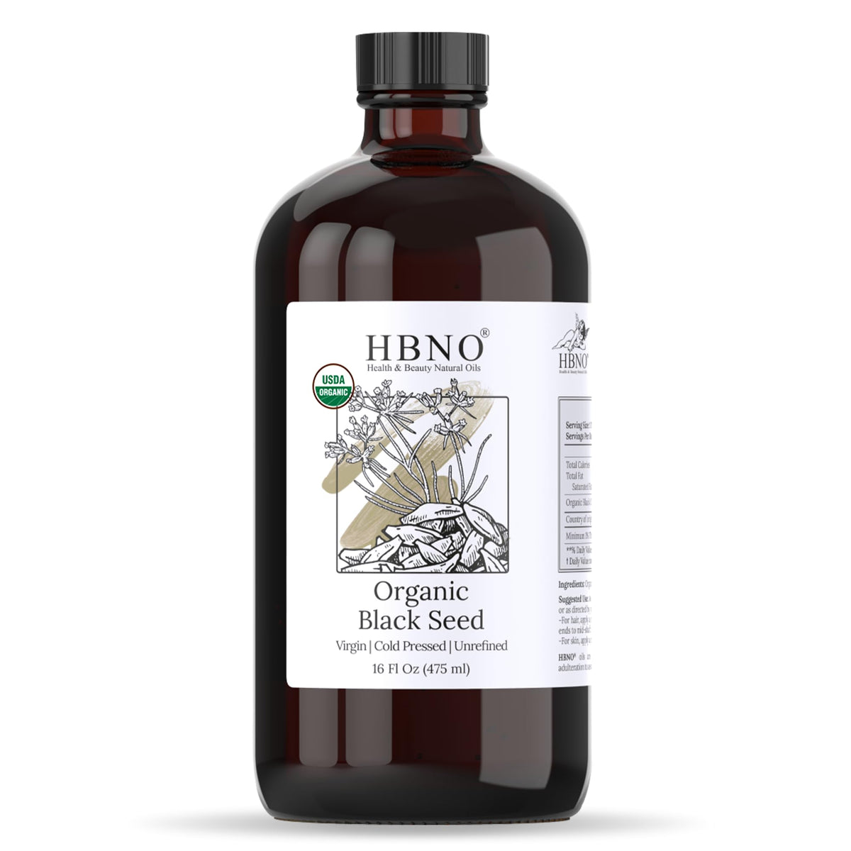 HBNO Organic Black Seed Oil 16oz bottle, ideal for skincare and hair care.