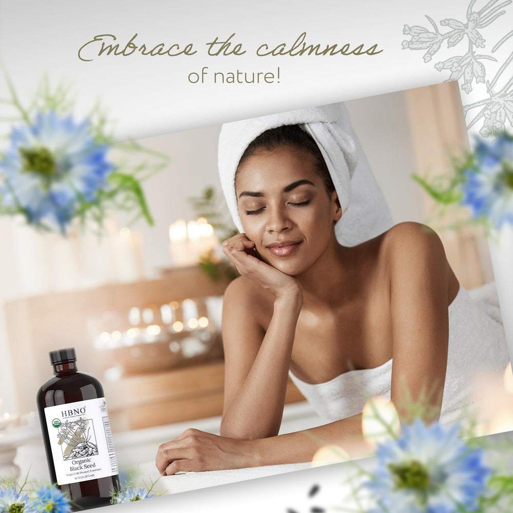 HBNO Organic Black Seed Oil applied to skin for daily moisturization and hair care.