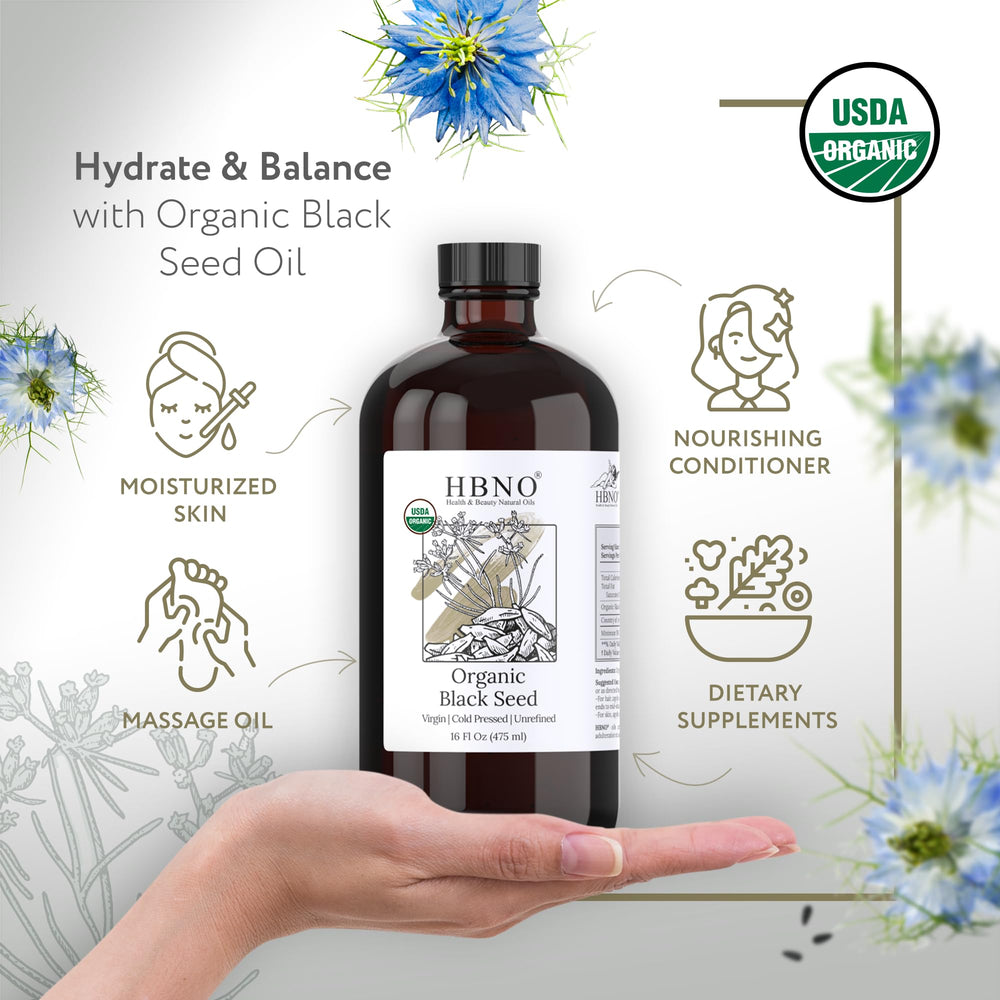 HBNO Organic Black Seed Oil glass bottle close-up showing premium packaging.