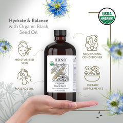 HBNO Organic Black Seed Oil glass bottle close-up showing premium packaging.