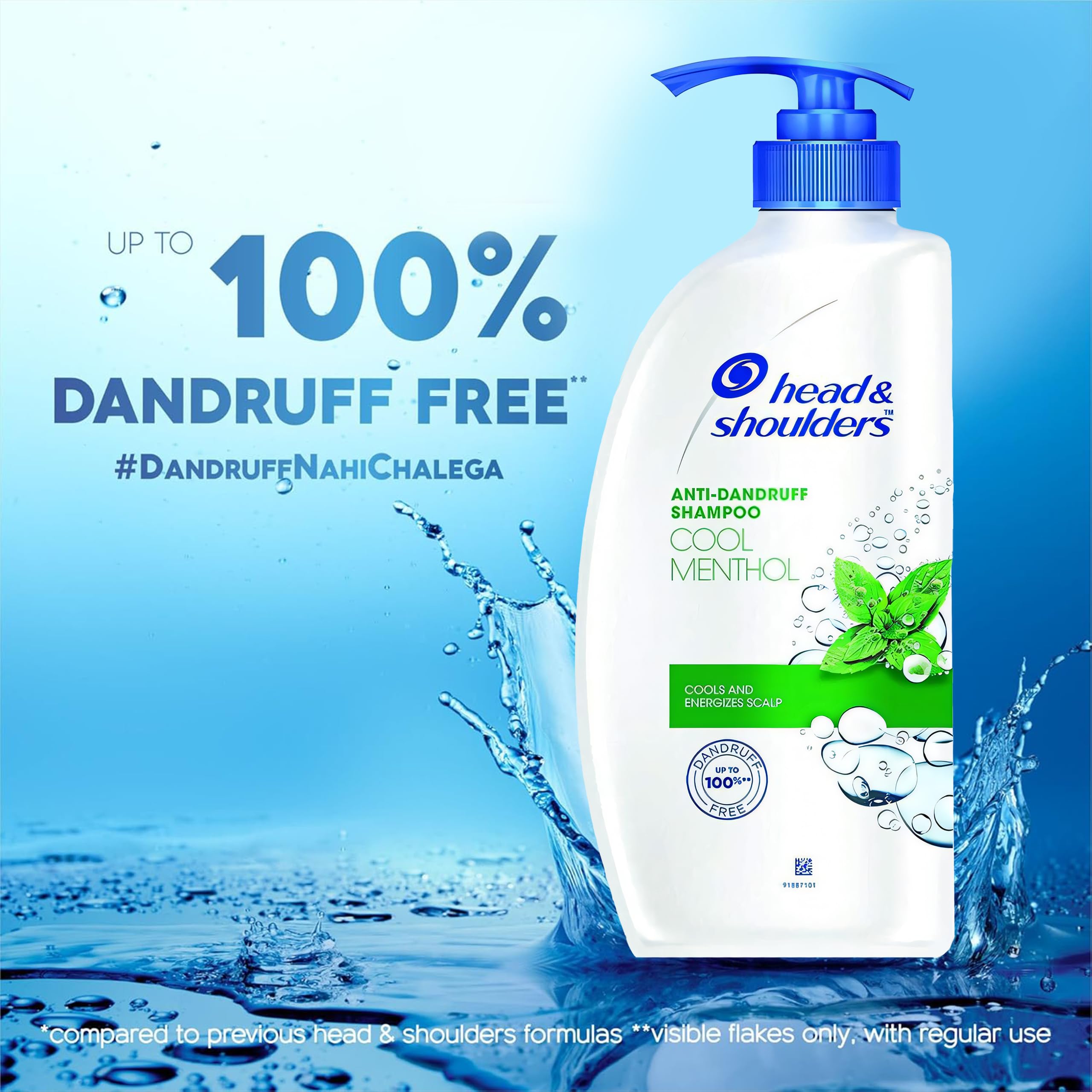 Head & Shoulders Cool Menthol shampoo close-up with menthol splash.