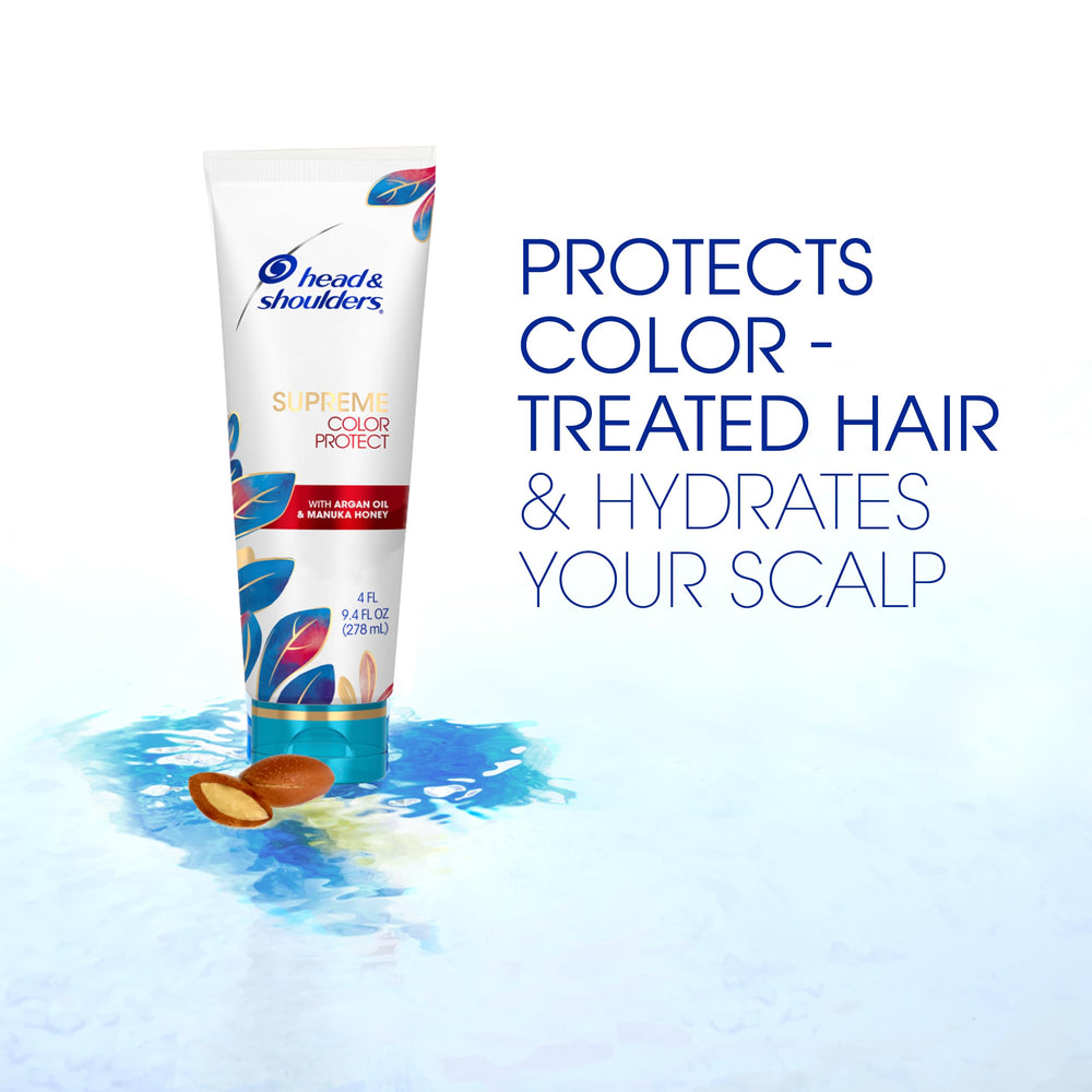 Label detail of Head & Shoulders Supreme Color Protect conditioner with manuka honey and argan oil