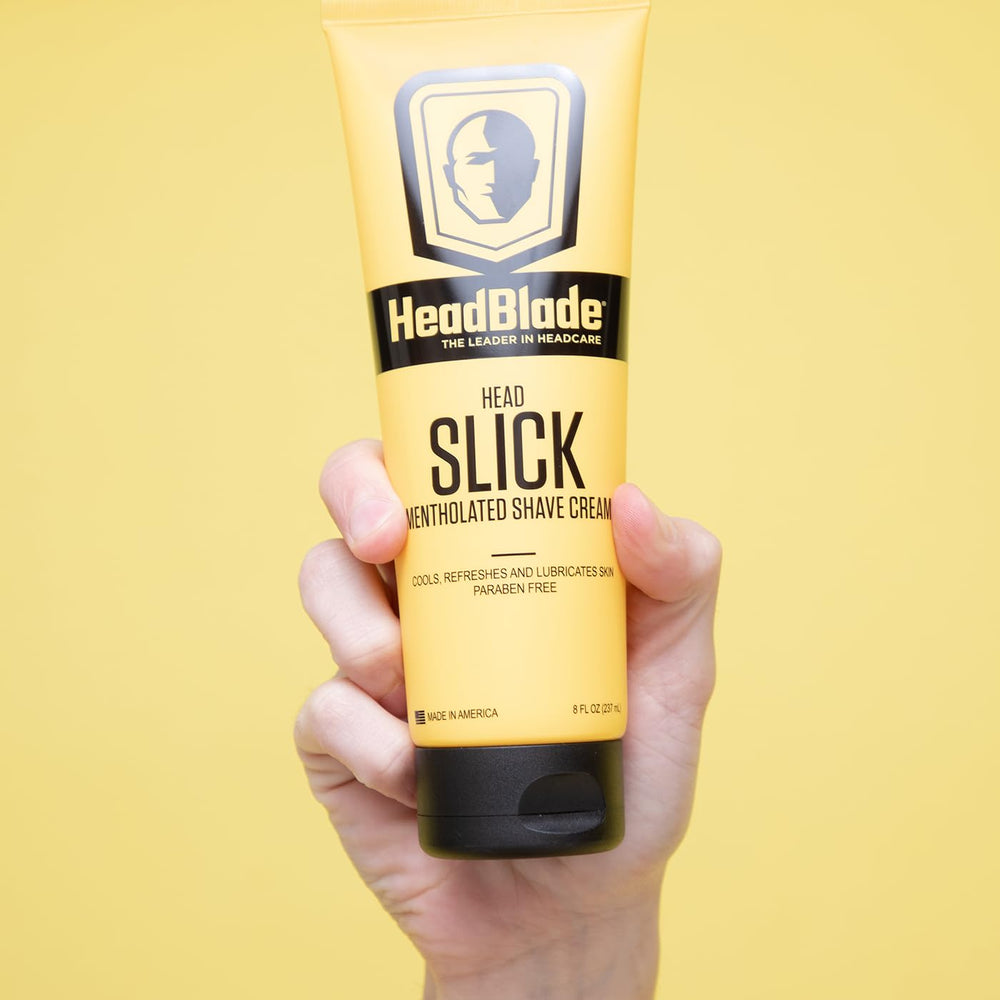 HeadBlade HeadSlick packaging highlights head shaving designed for bald men.