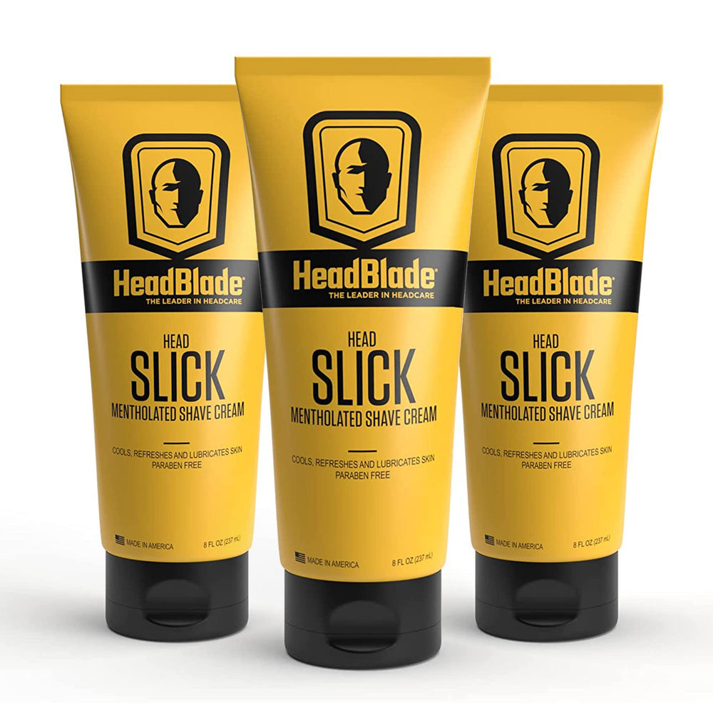 HeadSlick shave cream bottle showing smooth glide for head shaving