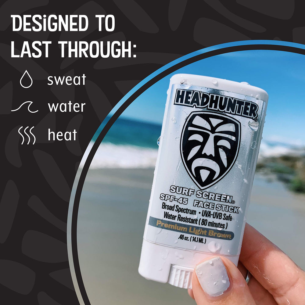 Headhunter sunscreen face stick roll-on design for quick coverage during workouts.