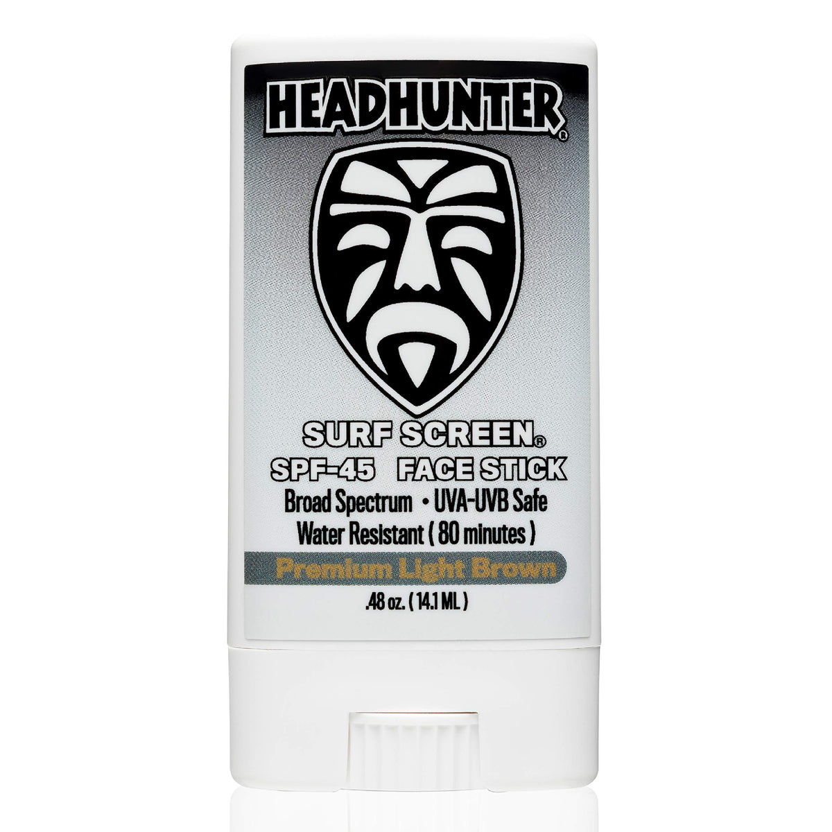 Headhunter SPF 45 face stick with light tint for daily sun protection.