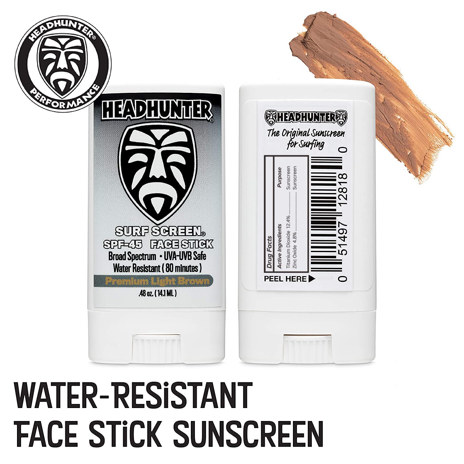 Headhunter face stick waterproof formula ideal for surfing and water activities.