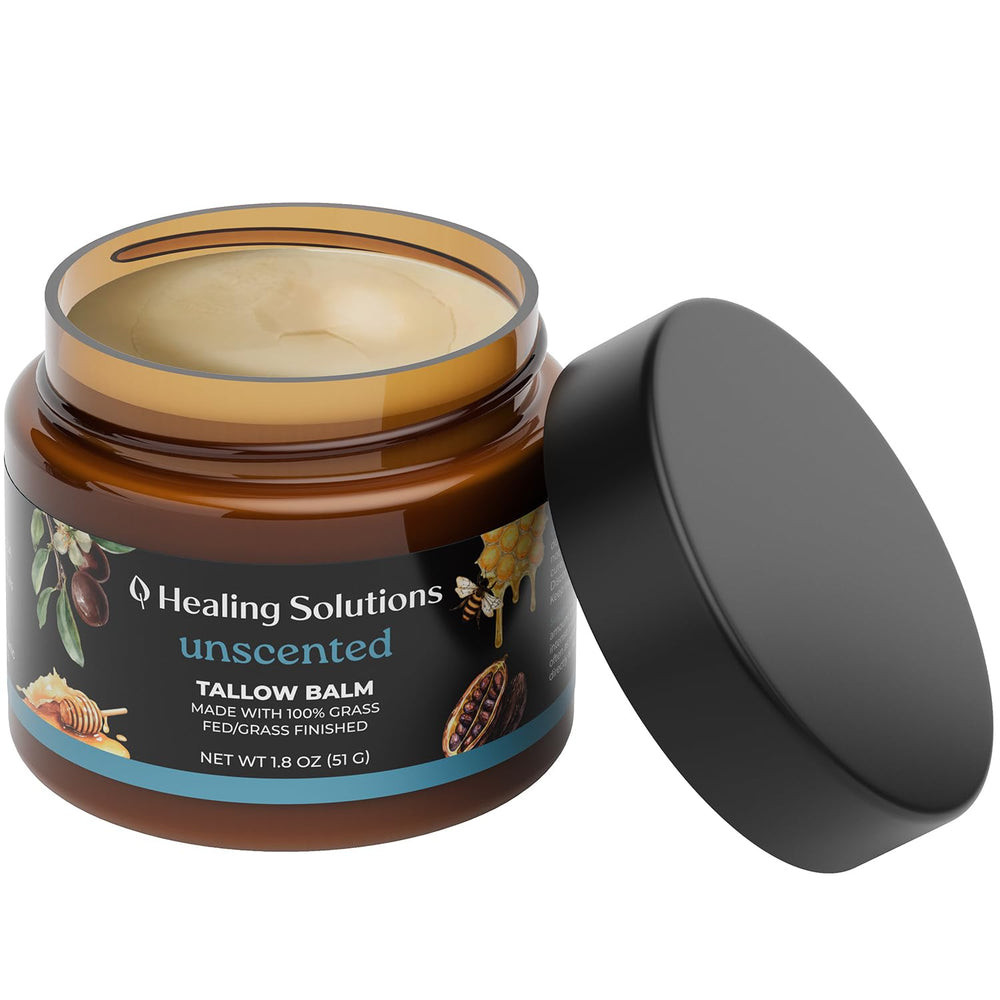 Healing Solutions beef tallow honey balm jar close-up for deep hydration