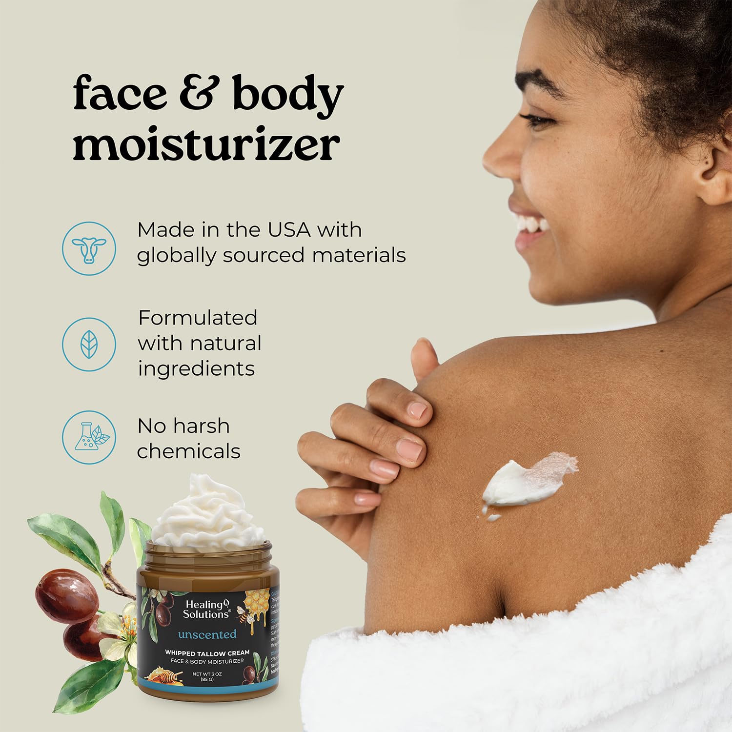 Healing Solutions whipped tallow balm for body use nourishes elbows and knees