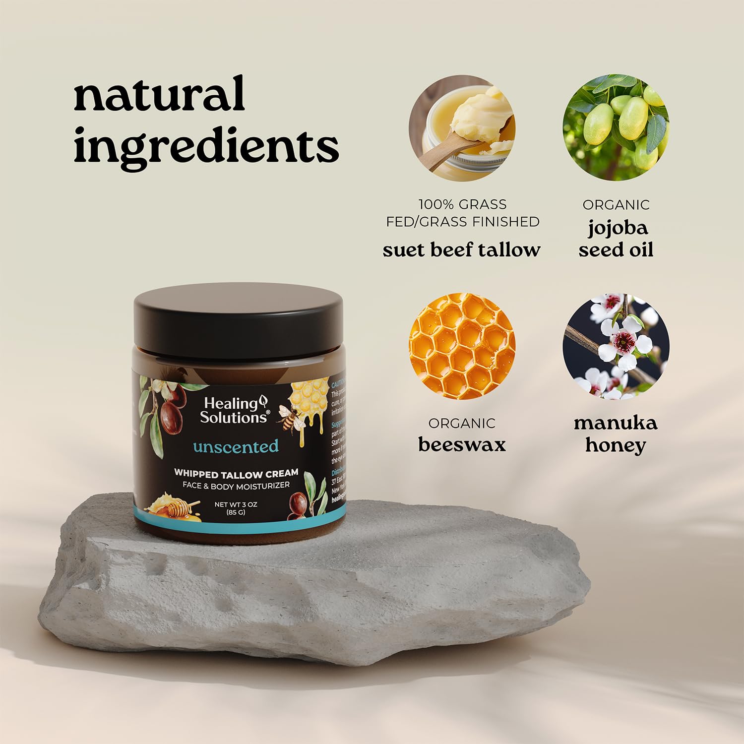 Healing Solutions whipped tallow balm on hands demonstrates soothing moisture