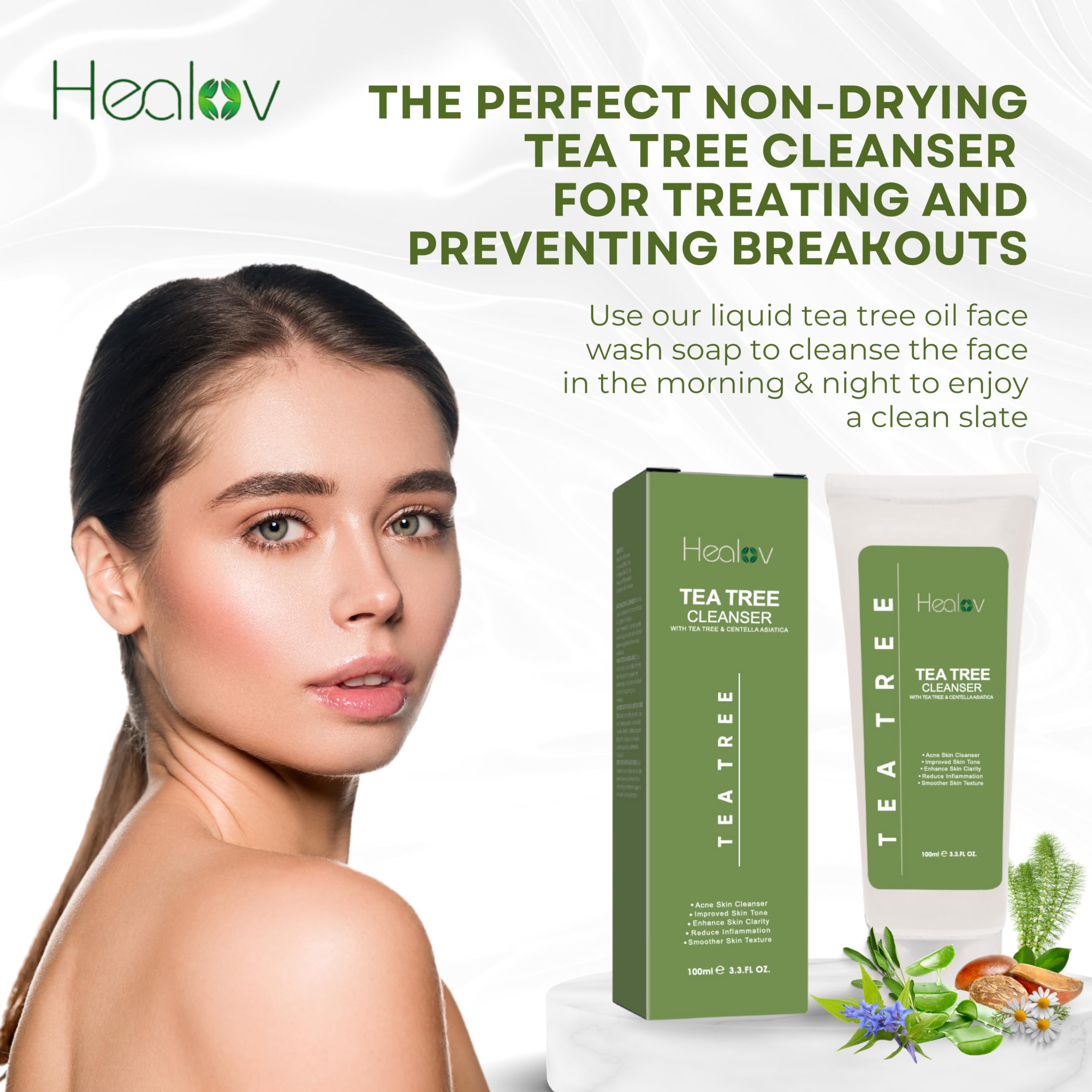 Healov Balanced complexion after cleansing with tea tree wash.