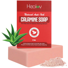Healov Calamine Soap Bar closeup for itch relief and soothing cleanse.