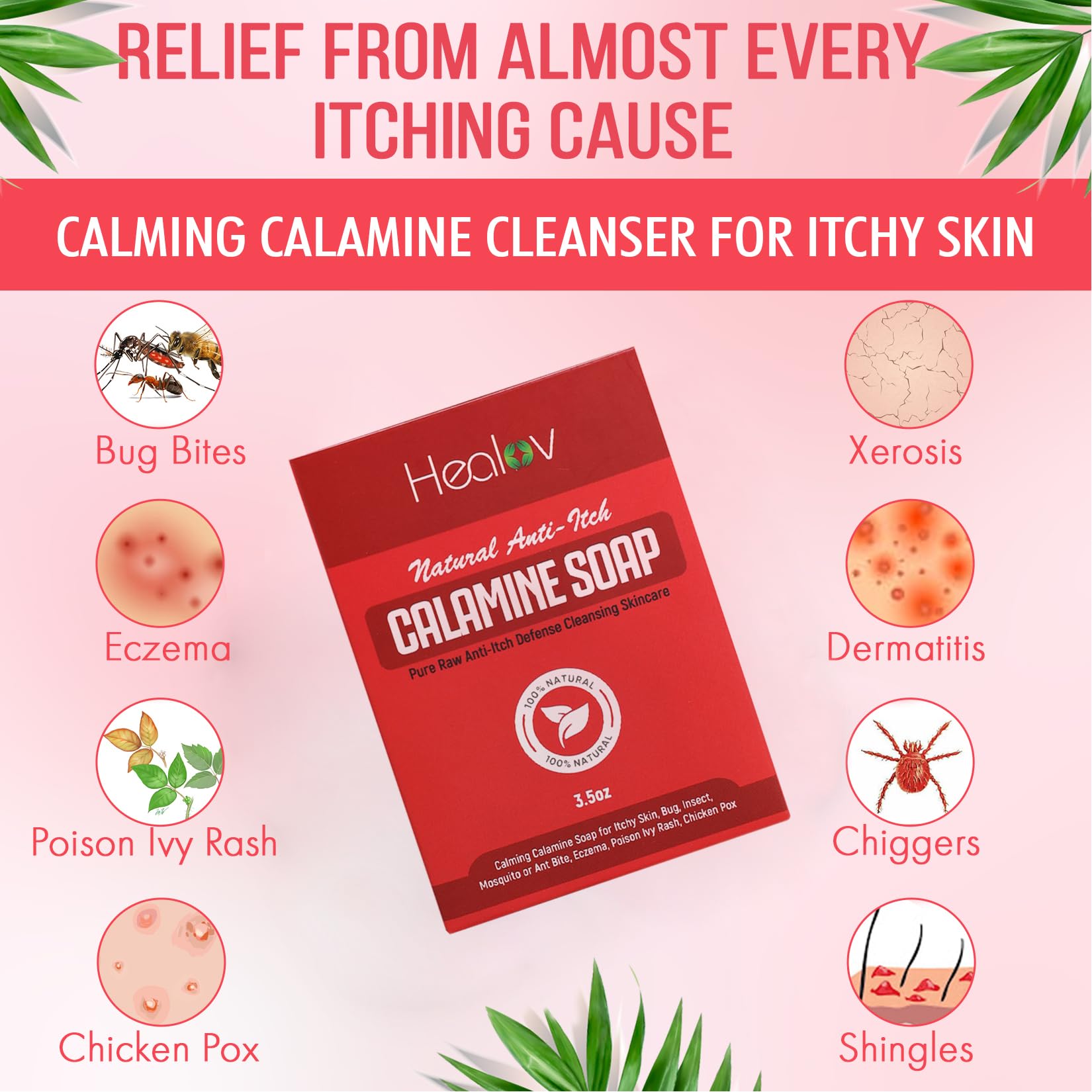 Healov Calamine Soap Bar ingredients display for hydration and calming skin.