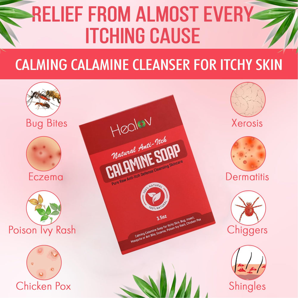 Healov Calamine Soap Bar ingredients display for hydration and calming skin.
