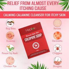 Healov Calamine Soap Bar ingredients display for hydration and calming skin.
