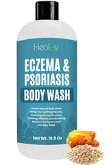 Healov Eczema Body Wash bottle on counter, gentle cleansing for sensitive skin.