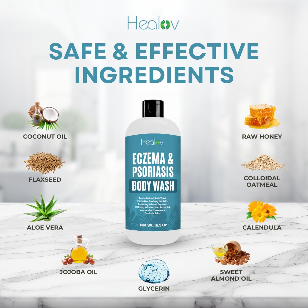 Healov Eczema Body Wash shown with family: kids and adults.