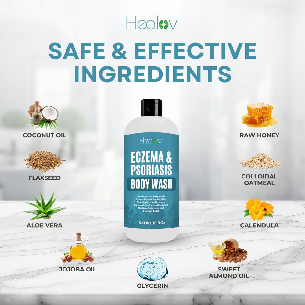 Healov Eczema Body Wash shown with family: kids and adults.