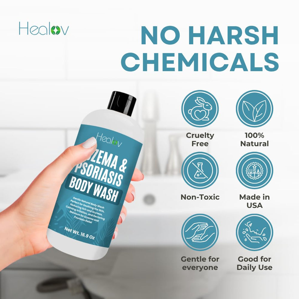 Healov Eczema Body Wash bottle with pump dispenses rich lather.