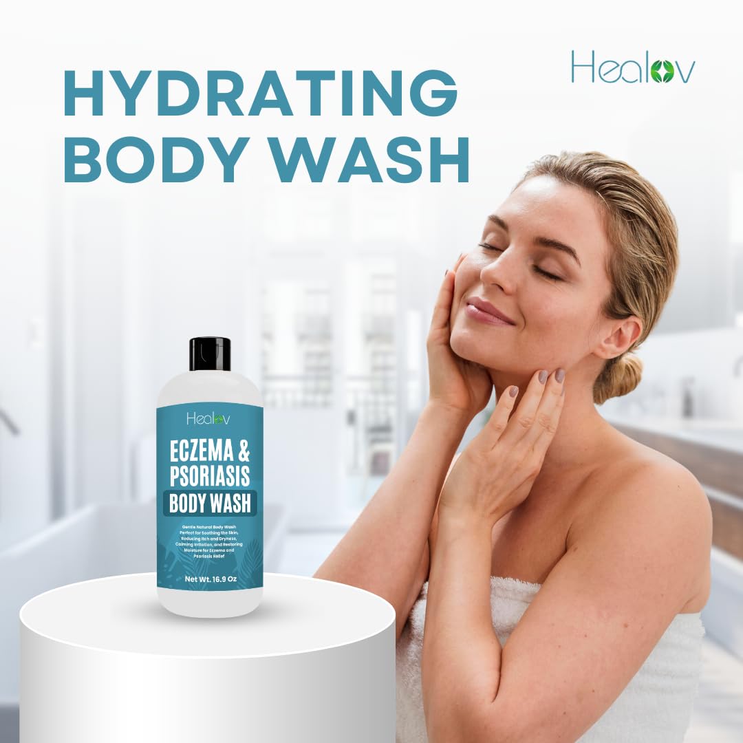 Shower scene with Healov Eczema Body Wash, refreshing cleanse after bath.