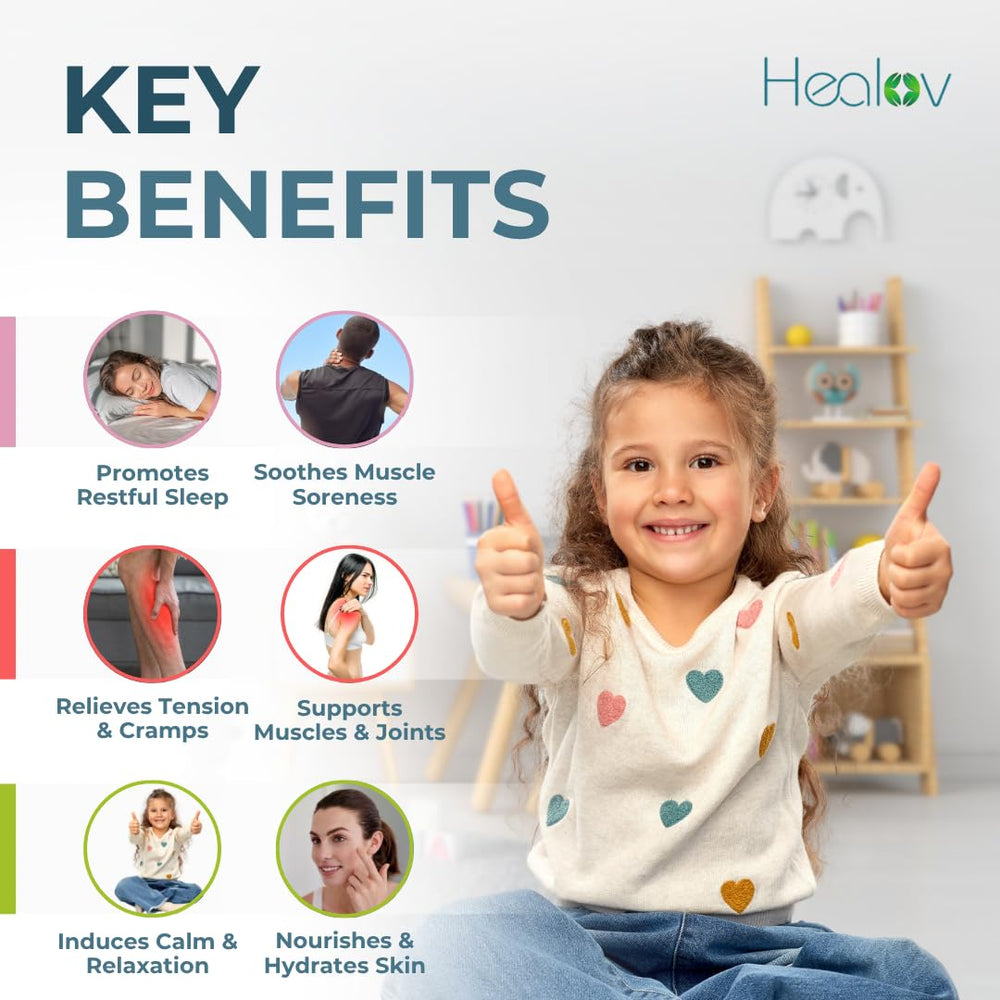 Healov Magnesium Lotion for Kids bedside routine image emphasizing non-greasy absorption.