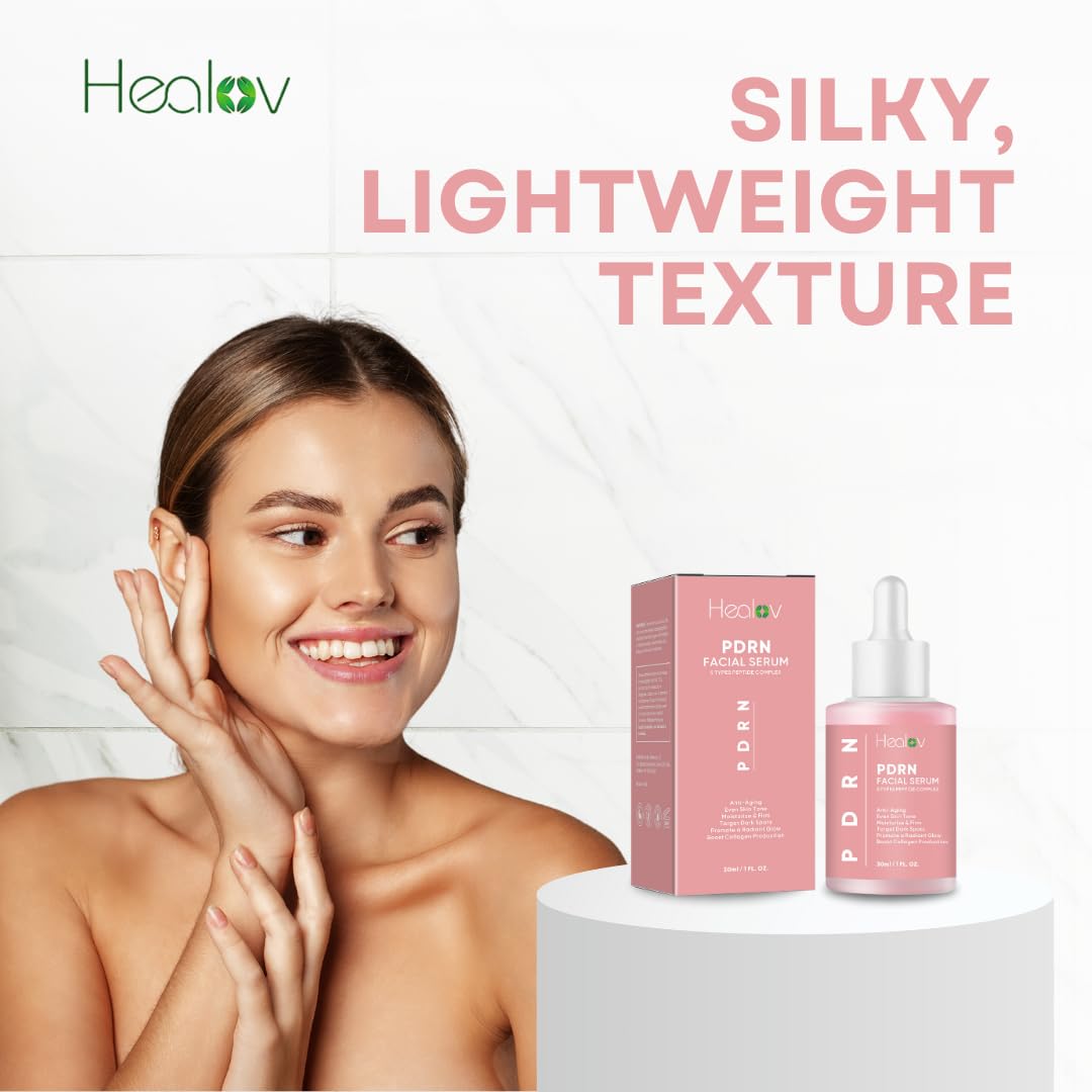 Amber glass Healov PDRN Serum bottle signals premium skincare