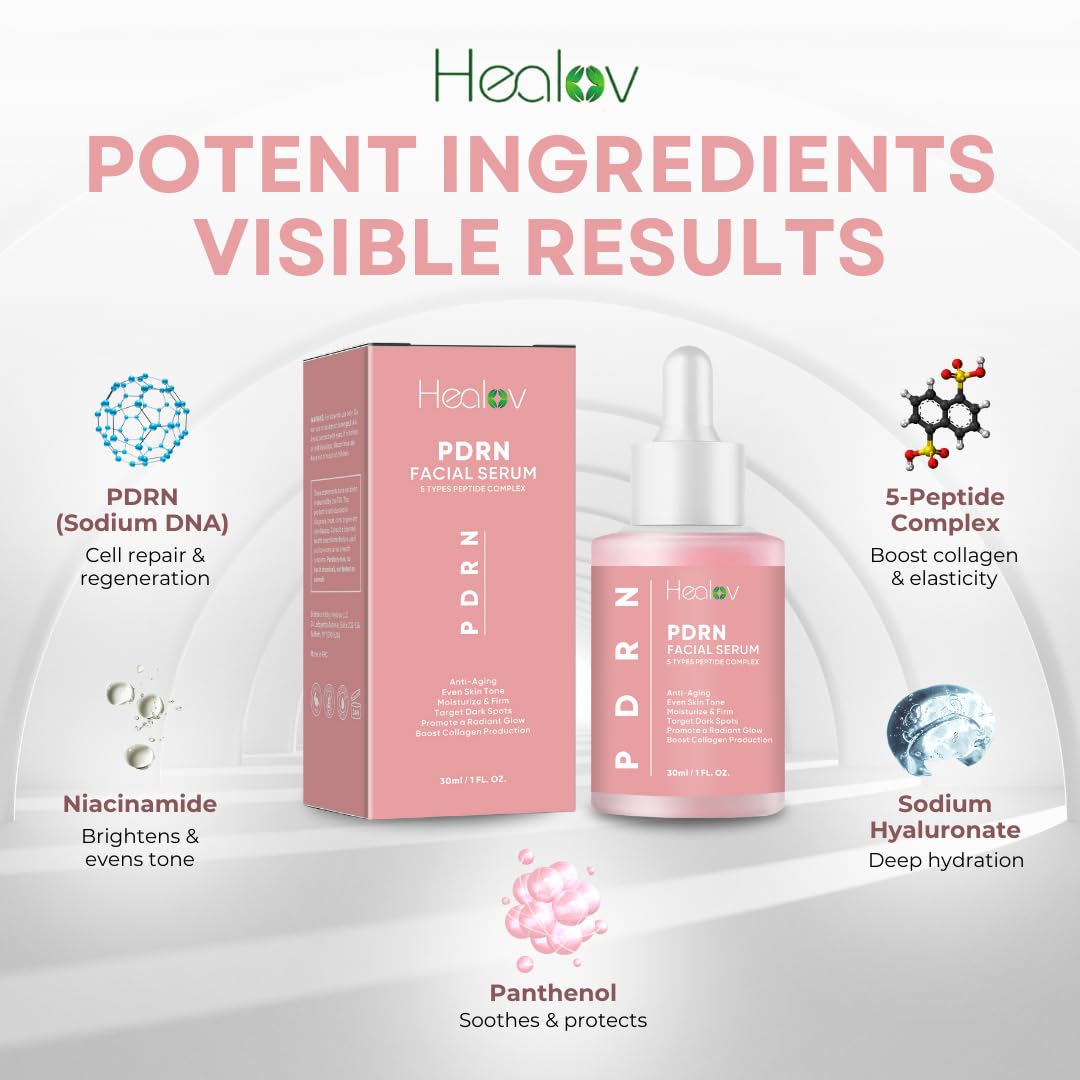 Illustration of Healov PDRN Serum ingredients with marine DNA and peptides