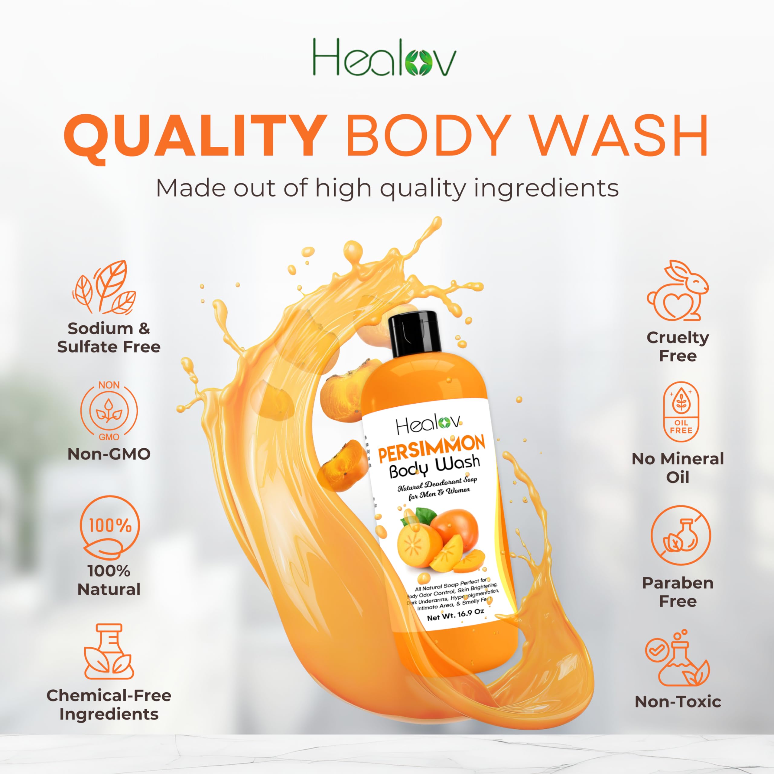 Healov Persimmon packaging label highlights natural ingredients and odor-control focus.