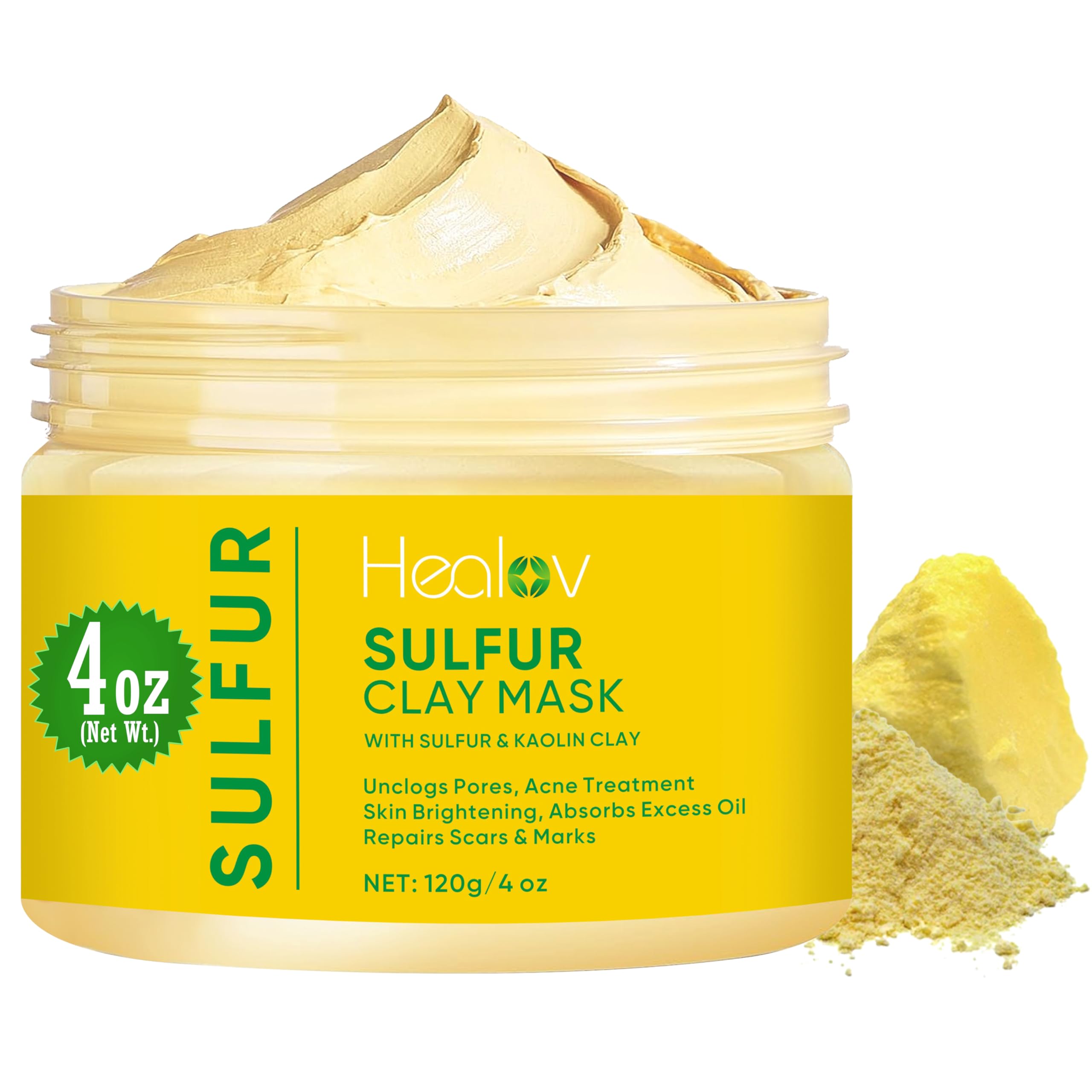 Healov sulfur face mask jar close-up showing natural formula for oil control