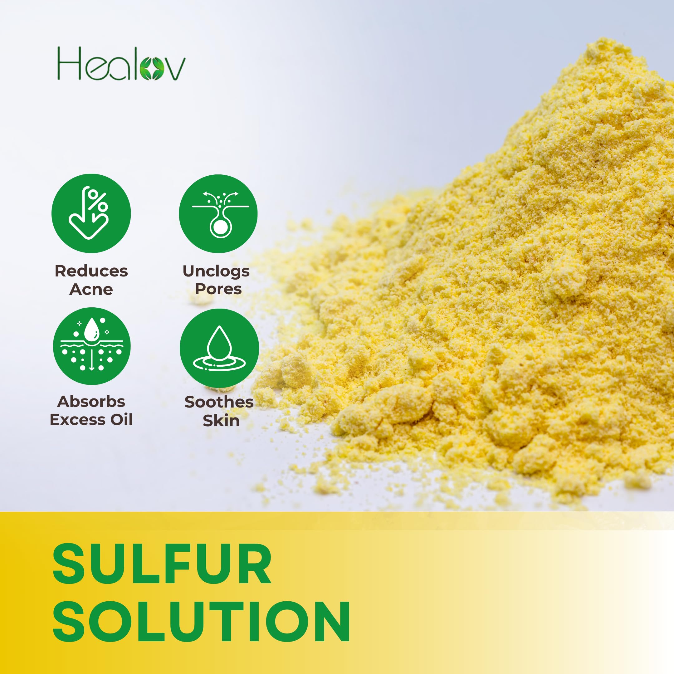 Healov sulfur face mask packaging emphasizing pure, natural ingredients