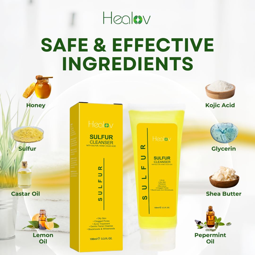 Healov sulfur face wash on sink illustrating oil balance