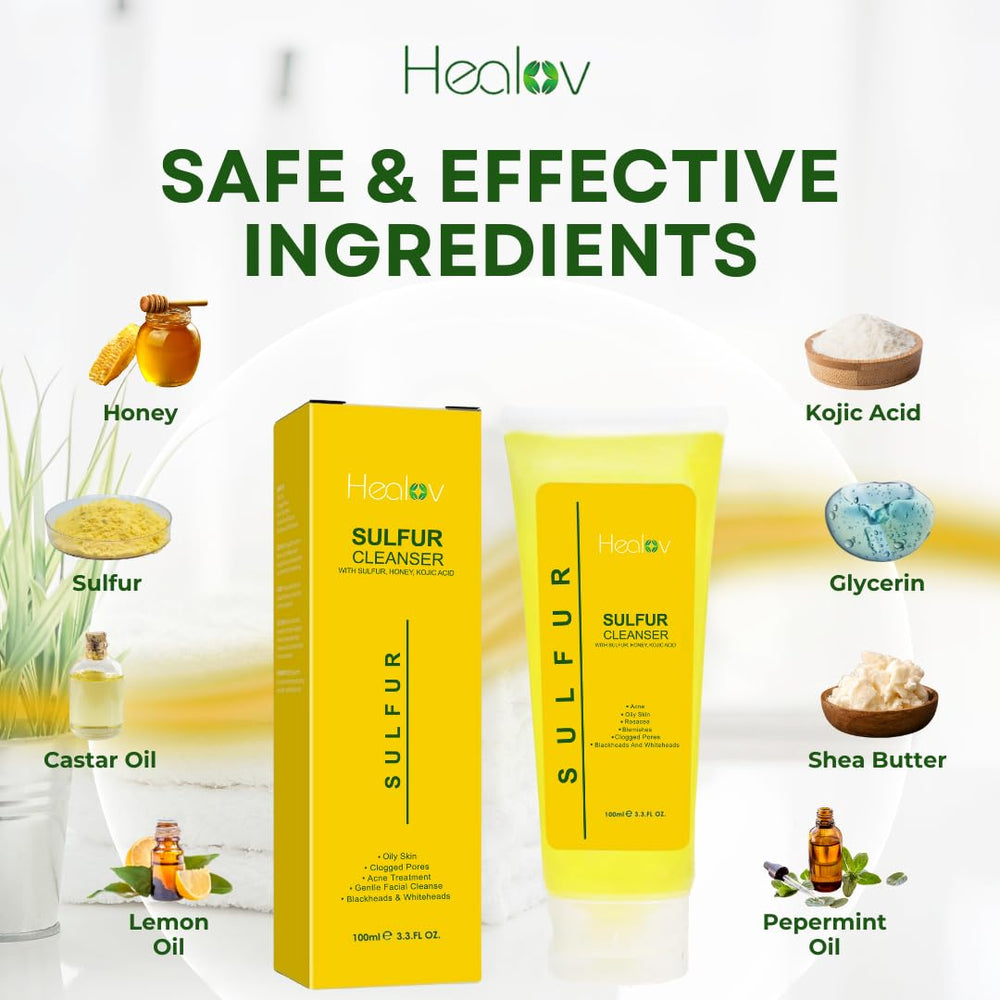 Healov sulfur face wash on sink illustrating oil balance