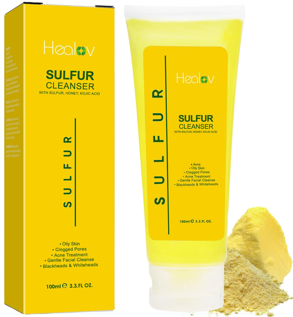 Healov sulfur soap bottle close-up for oil control and purifying cleanse
