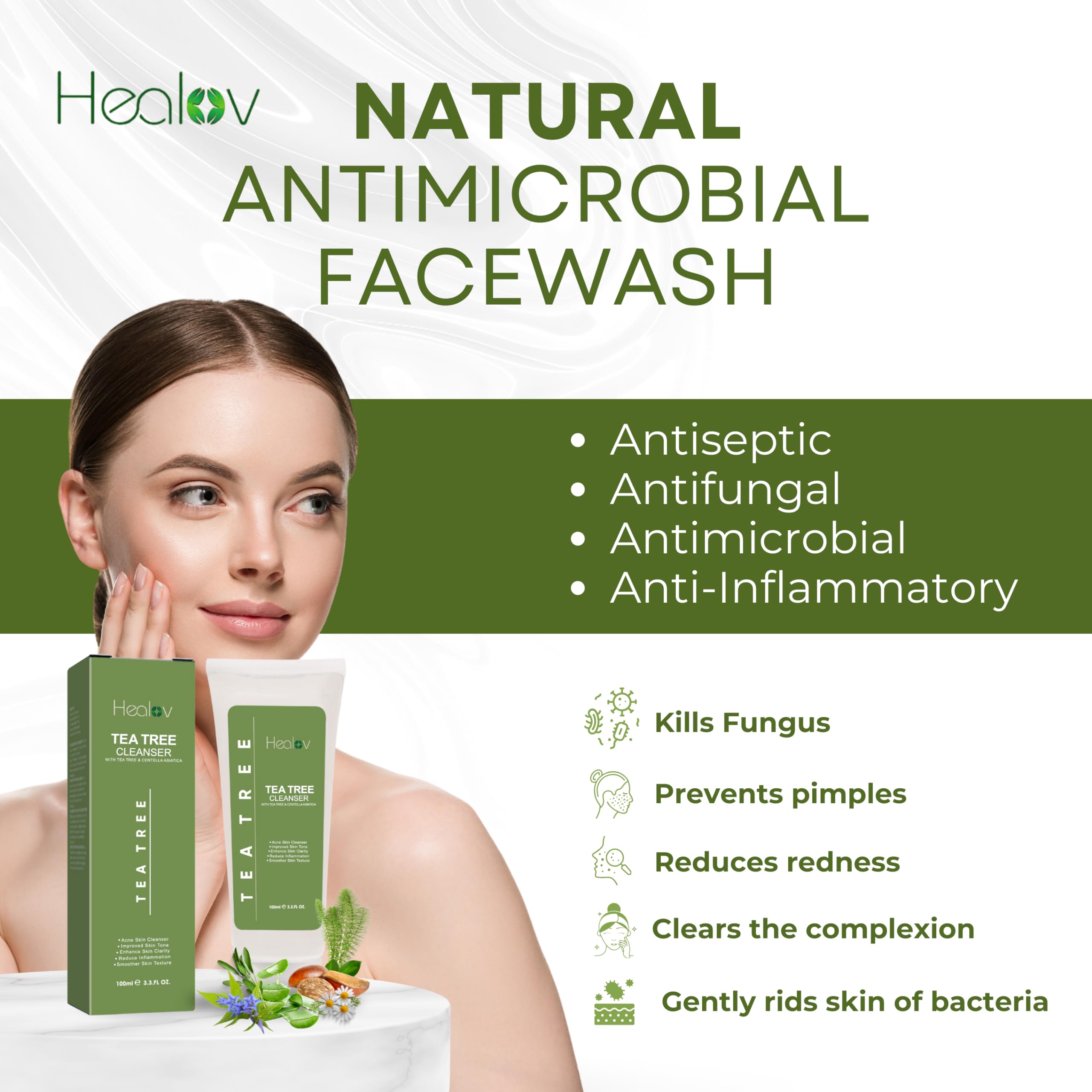 Healov Tea Tree Face Wash with tea tree oil to help manage excess oil.