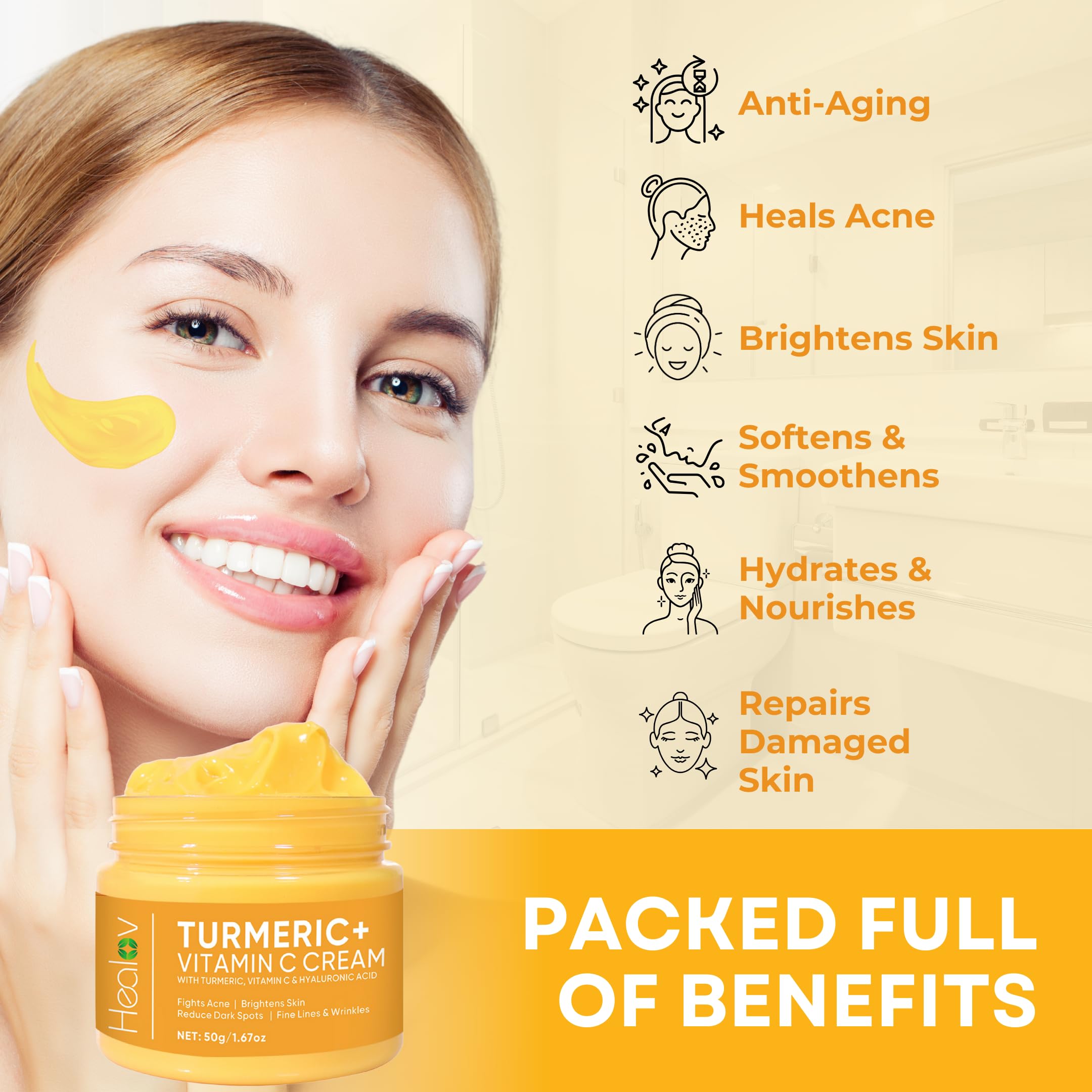 Healov Turmeric Cream face care routine application for radiant, even tone