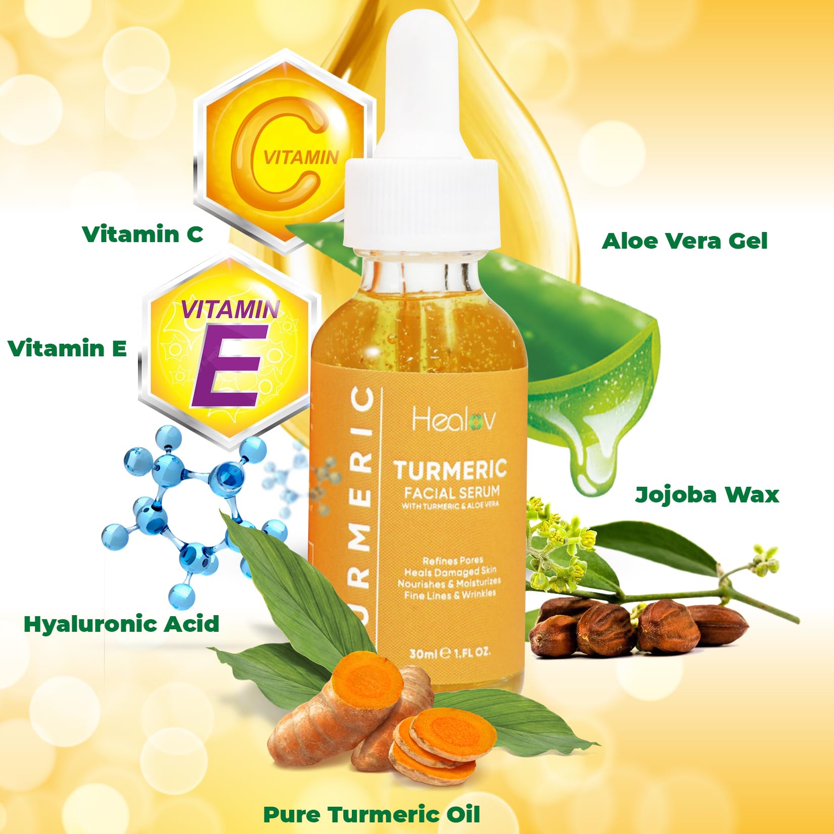 Face after using Healov Turmeric Serum shows radiant, even-toned glow.