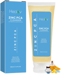 Healov Zinc Face Wash bottle promotes gentle cleansing for acne-prone skin.