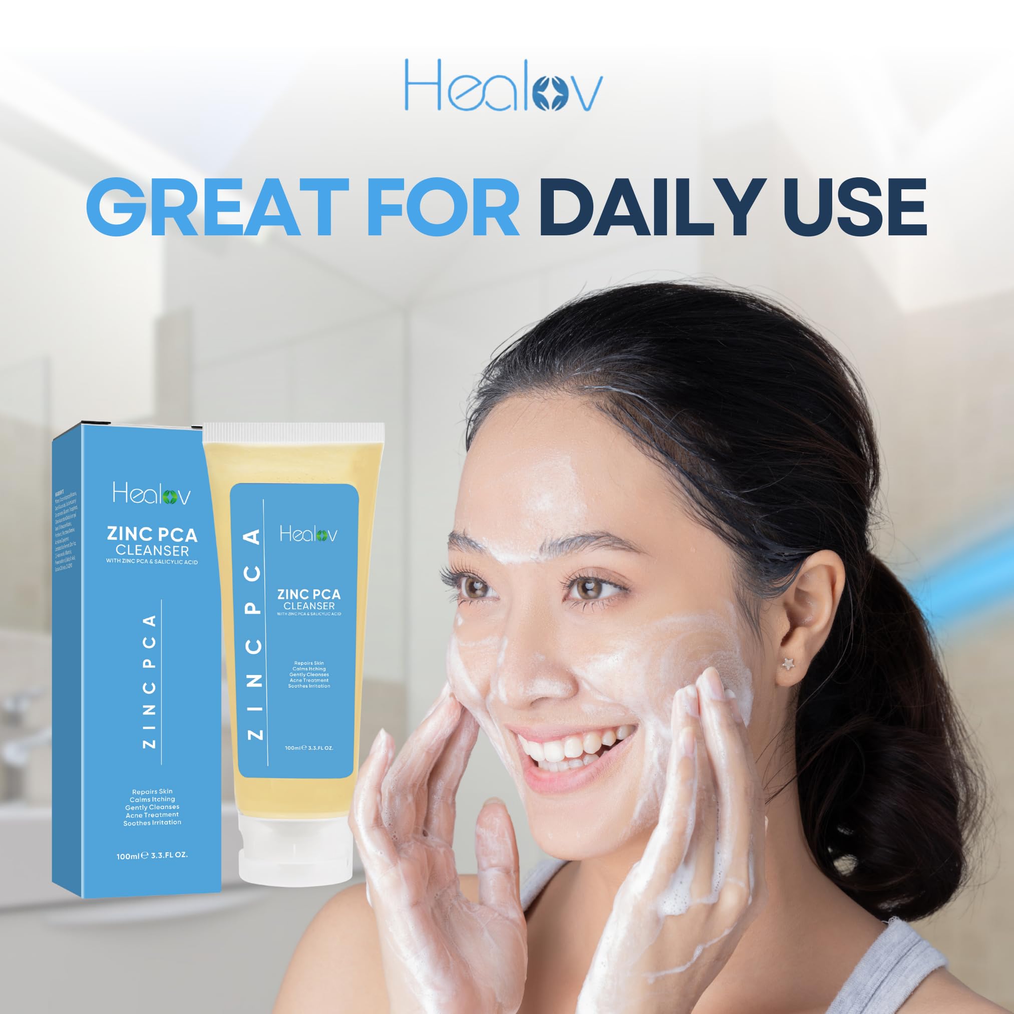 Healov Zinc Face Wash foam with citrus fragrance for uplifting cleanse.