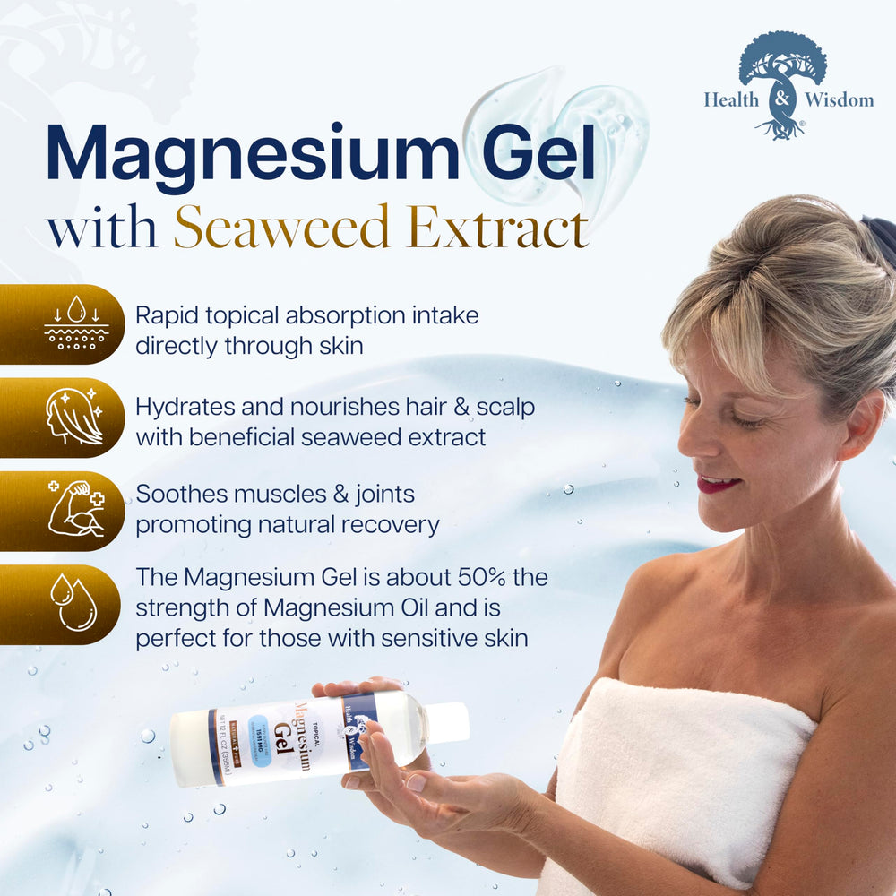 Health and Wisdom Pure Magnesium Gel bottle with pump showing easy application