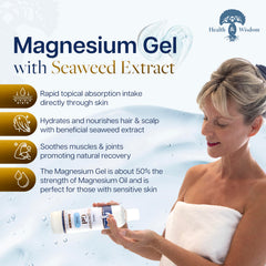 Health and Wisdom Pure Magnesium Gel bottle with pump showing easy application