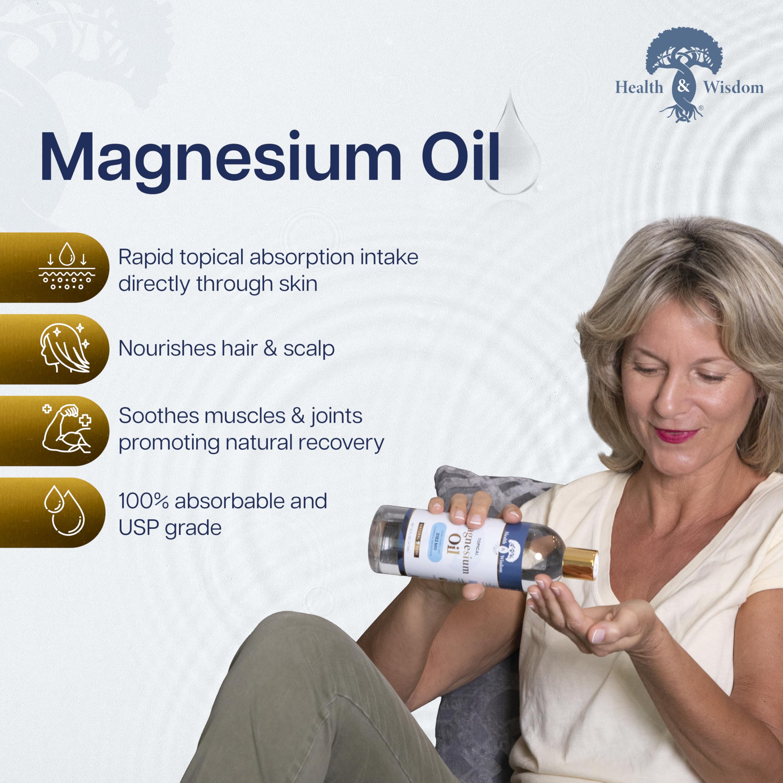 Health and Wisdom Magnesium Oil being applied, hinting at soothing relief for muscles and joints.