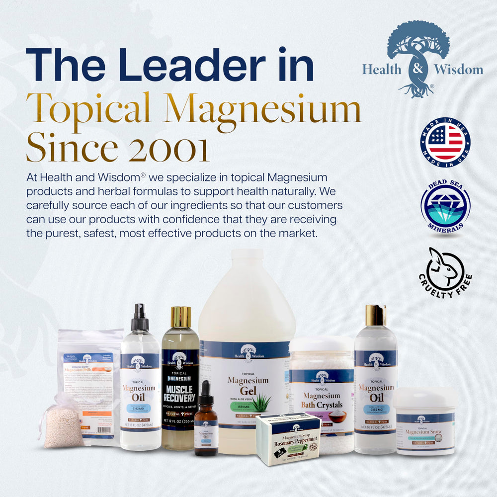 Health and Wisdom Pure Magnesium Oil by tub area for bath soak.