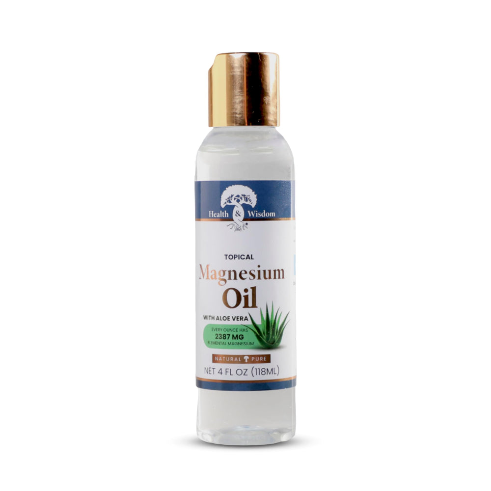 Health and Wisdom Pure Magnesium Oil bottle and pour supports targeted skin hydration.