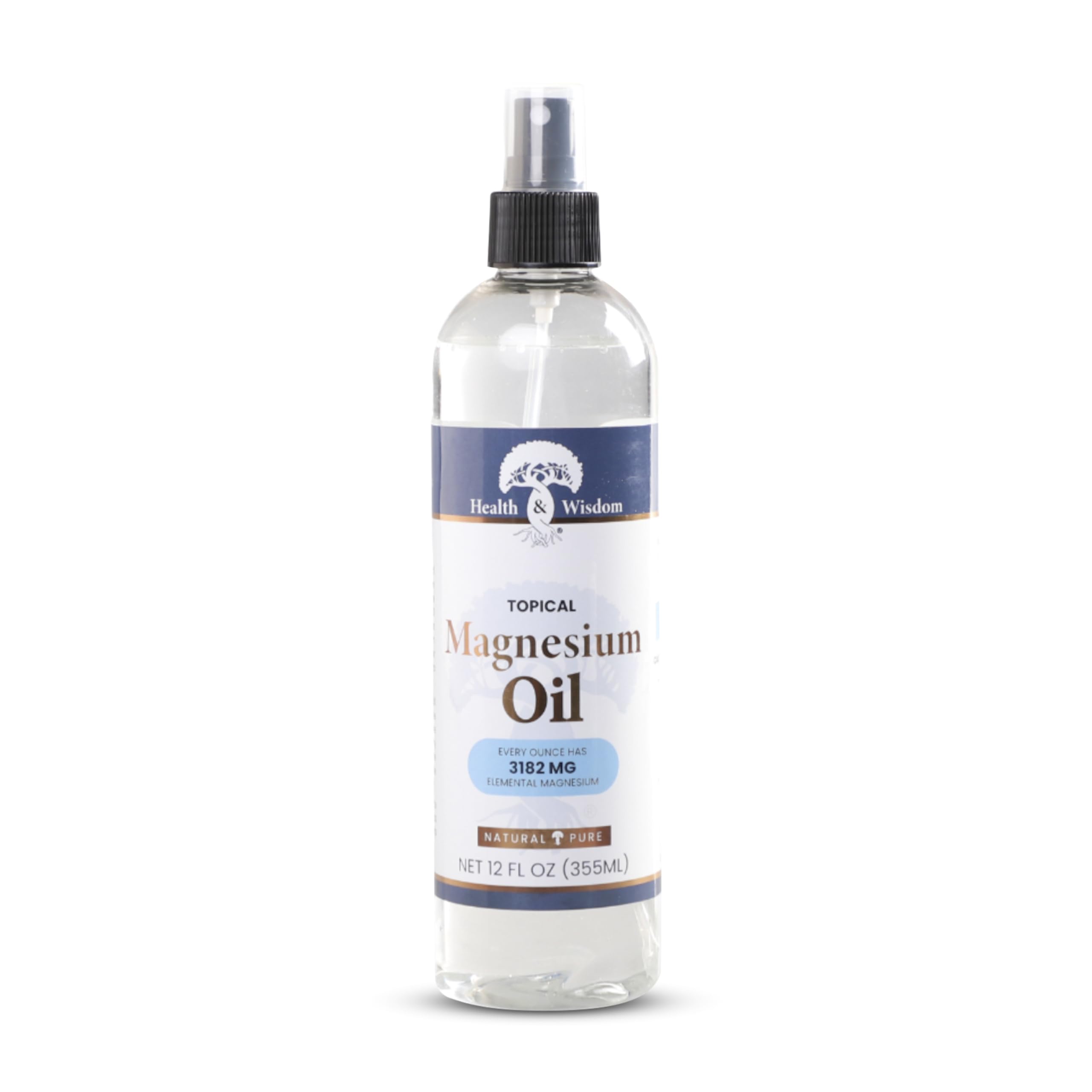 Health and Wisdom Pure Magnesium Oil bottle top showing quick topical absorption for daily use.